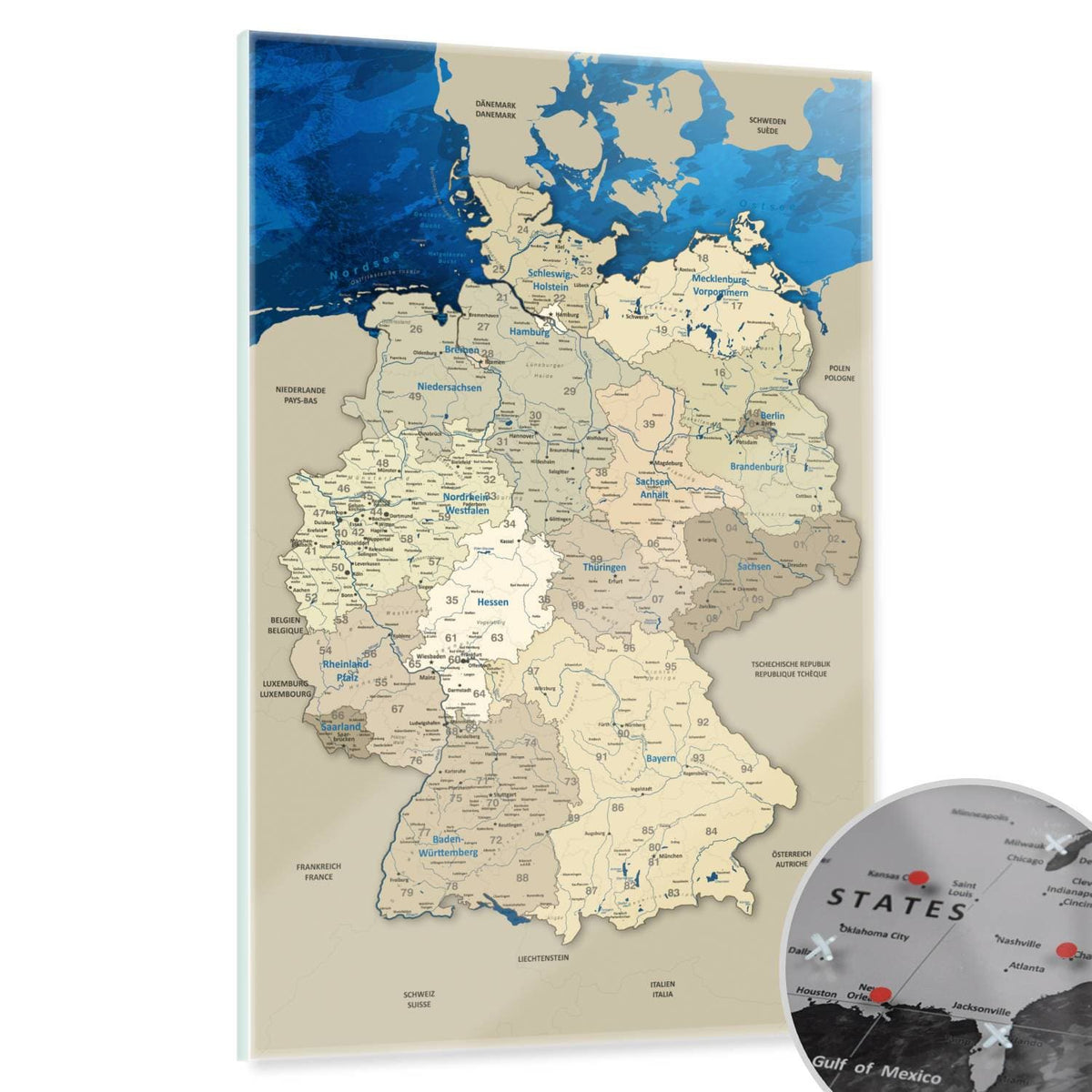 Magnetic Glass Picture - Germany Map Blue Ocean