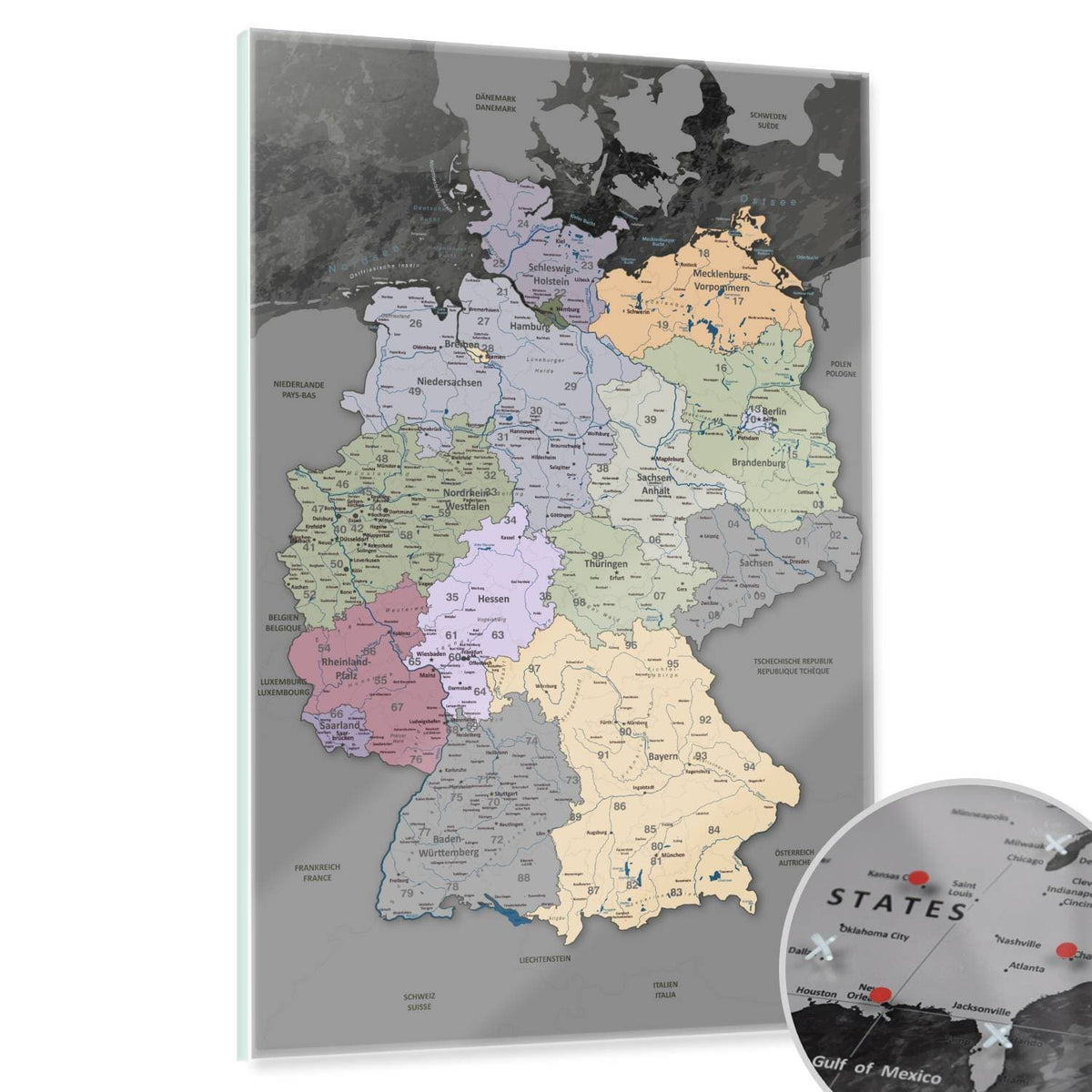 Magnetic Glass Picture - Germany Map Noble Gray