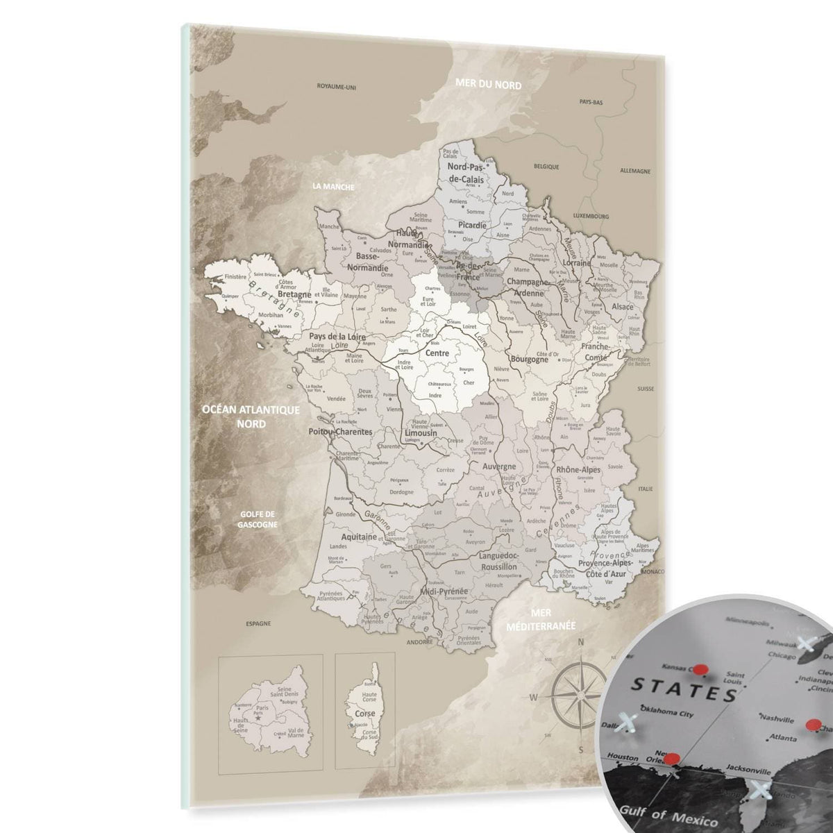 Magnetic Glass Picture - France Map Beige