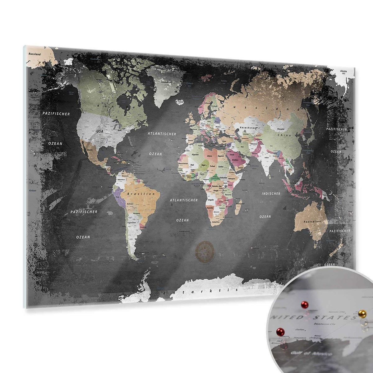 Magnetic Glass Picture - World Map Graphite