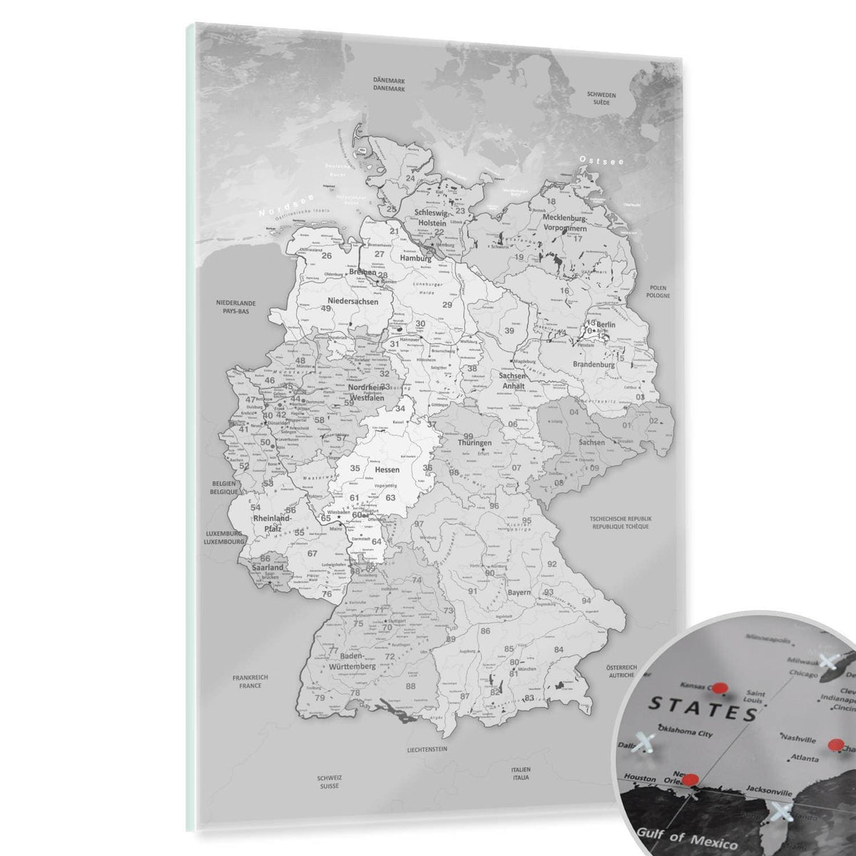 Magnetic Glass Picture - Germany Map Light Gray