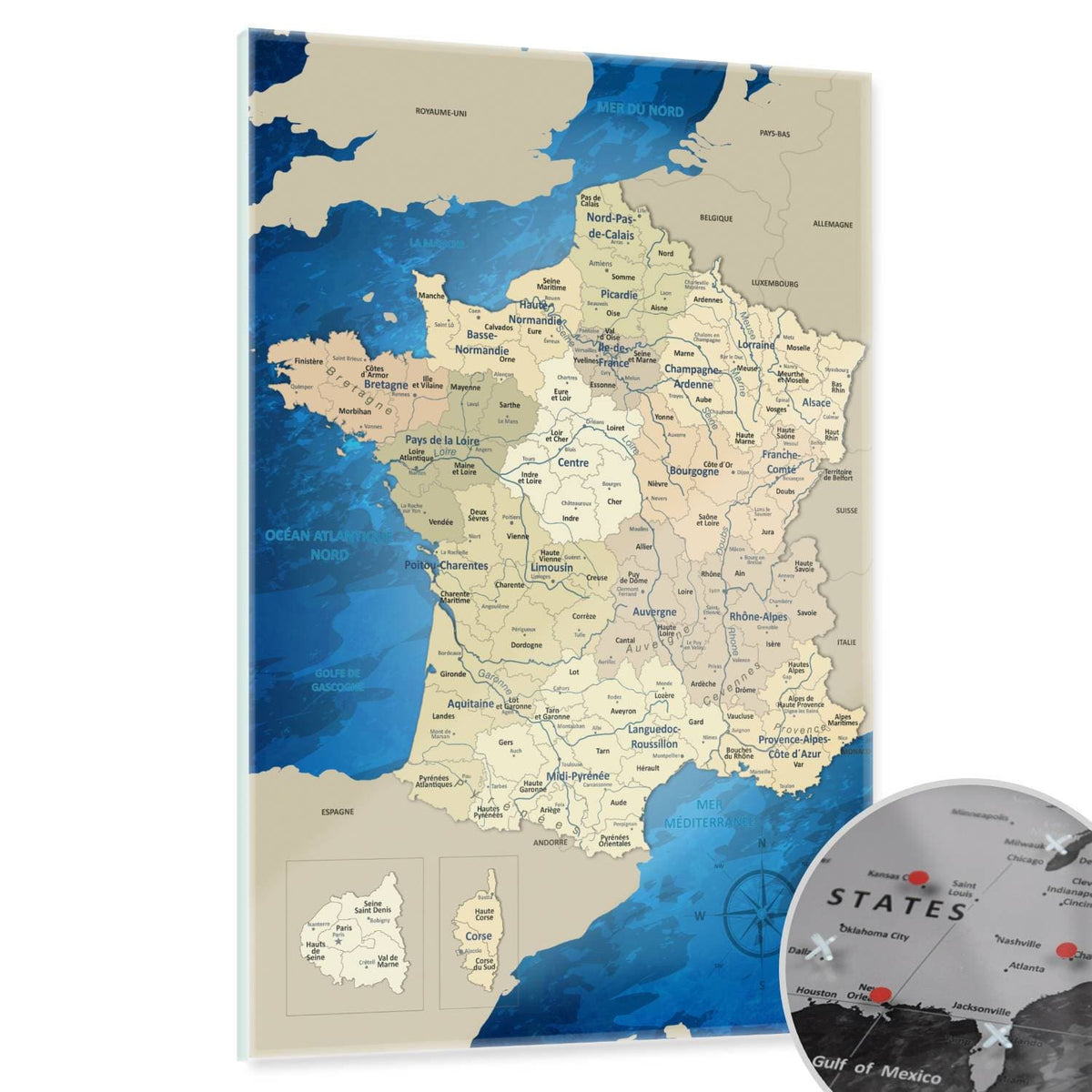 Magnetic Glass Picture - France Map Blue Ocean