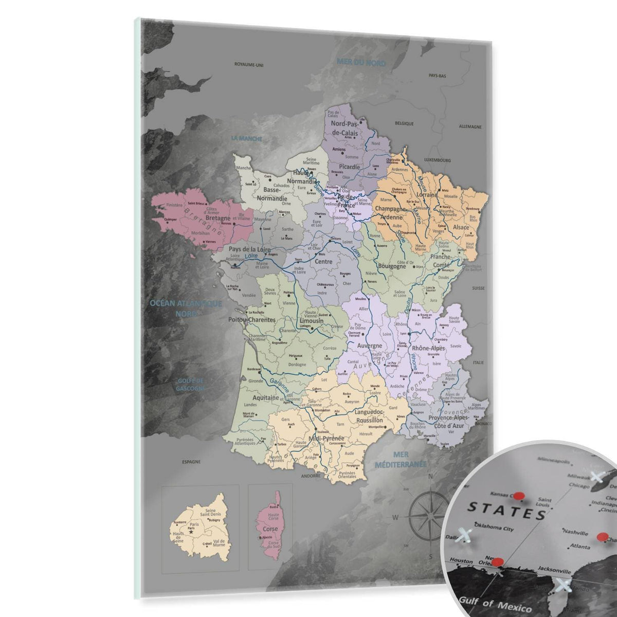 Magnetic Glass Picture - France Map Noble Gray