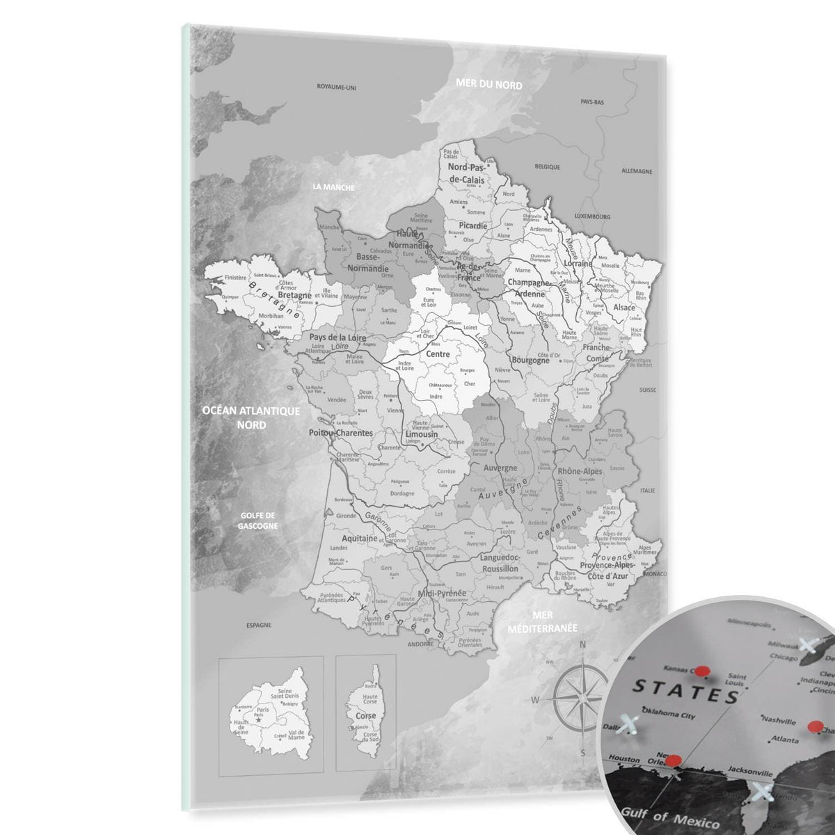 Magnetic Glass Picture - France Map Light Gray