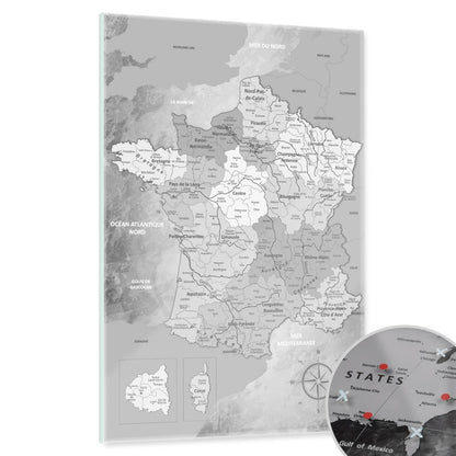 Magnetic Glass Picture - France Map Light Gray
