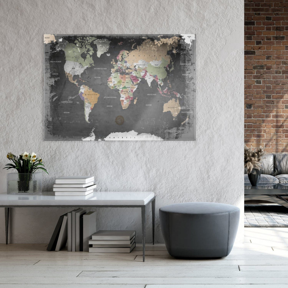 Magnetic Glass Picture - World Map Graphite