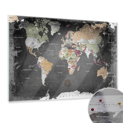 Magnetic Glass Picture - World Map Graphite