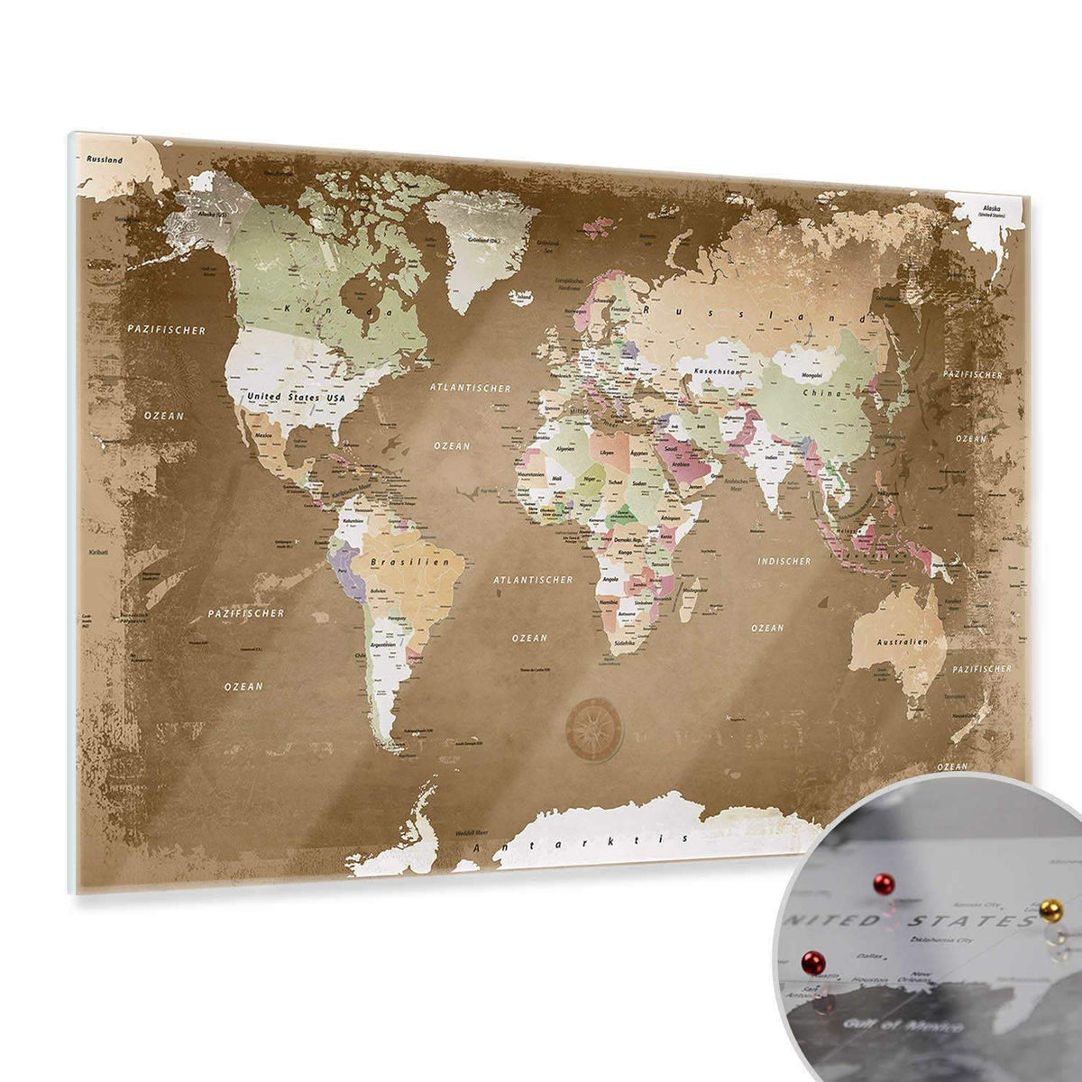 Magnetic Glass Picture - World Map Oldstyle